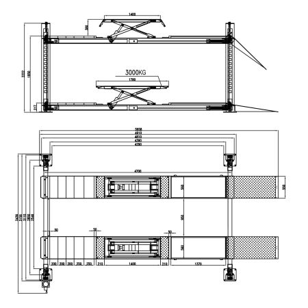 Подъемник четырехстоечный KraftWell KRW4LTWA  платформы для сход-развала с подъемником второго уровня, г/п 4 т., изображение 2