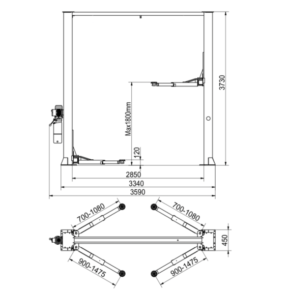 Двухстоечный подъемник с верхней синхронизацией, г/п 4т. KraftWell KRW4DLU, Цвет: Cерый, изображение 2